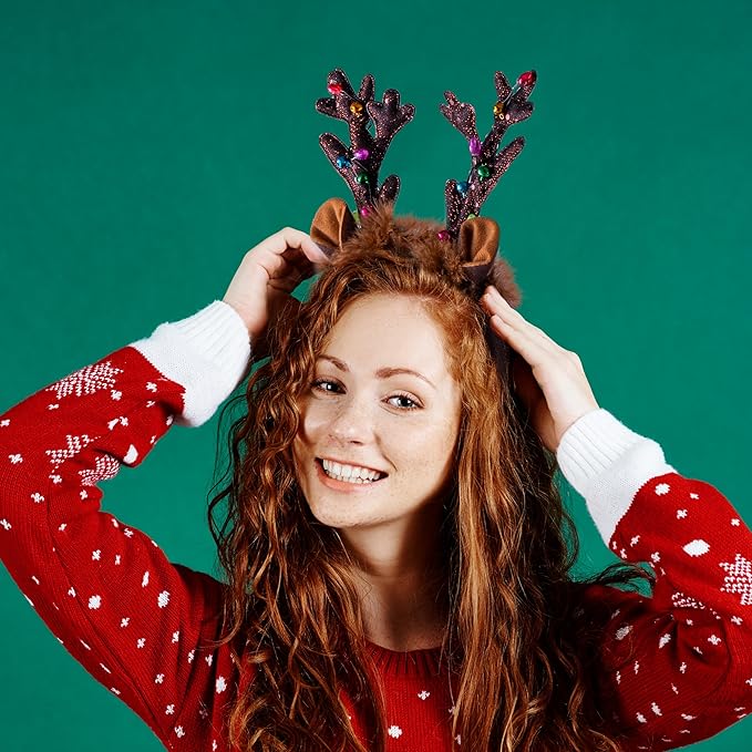 JOYIN Christmas 4PCS Reindeer Headband, Light-Up LED Antlers Reindeer Hat Holiday Headbands for Christmas Party Supplies and Holiday Parties Favors (ONE SIZE FITS ALL)