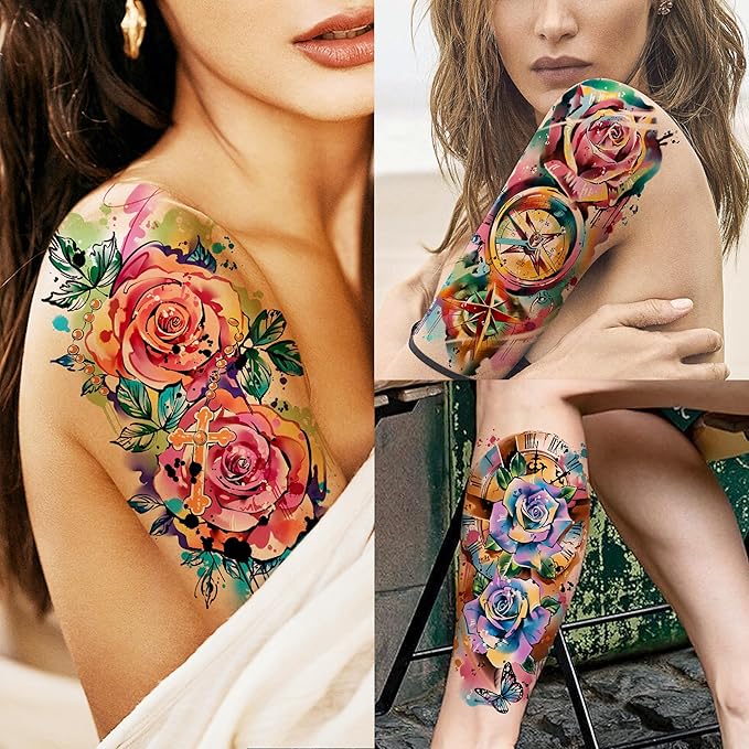 FANRUI 65 Sheets Watercolor Peony Rose Floral Temporary Tattoos For Women Arm Shoulder, Groovy Compass Flower Fake Tattoo Owl Blue Tribal Eye Skull Tiger, Long Lasting Tatoos Sleeve Angel Girls Adults