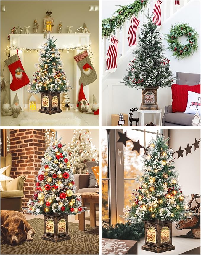 3 ft Prelit Premium Snow Flocked Artificial Christmas Tree with 8 Mode Warm White Led, Mini Prelit Xmas Pine Tree for Christmas Decoration,Yard,Home,Office,Outdoor,Indoor, Gingerman Rusty Base 2 Pack