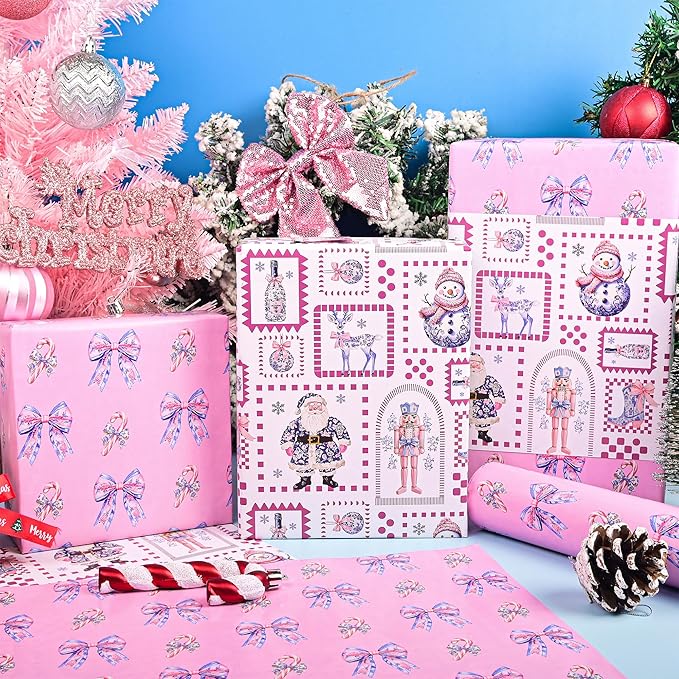 Vnaaem Reversible Chinoiserie Christmas Wrapping Paper Roll - Pink Toile Santa Claus, Reindeer, Nutcrackers, Snowman & Bow Design Gift Wrap for Holiday Party Celebration, DIY Craft - 17 In X 20 Ft(Total 28.5sq.ft)