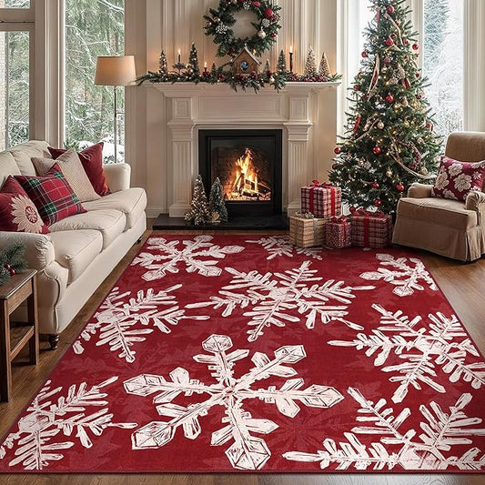 Christmas Area Rug 8x10 for Living Room, Washable Rug for Bedroom, Christmas Home Decor, Holiday Print Carpet, Low Pile Non Slip Mat with Rubber Backing, Snowflake