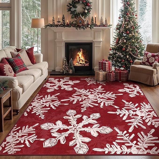 Christmas Area Rug 6x9 for Living Room, Washable Rug for Bedroom, Christmas Home Decor, Holiday Print Carpet, Low Pile Non Slip Mat with Rubber Backing, Snowflake
