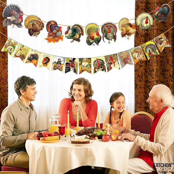 KatchOn, Vintage Thanksgiving Banner - 10 Feet, 2 Strings | Turkey Banner for Turkey Decoration | Vintage Thanksgiving Decorations Indoor, Harvest Decorations