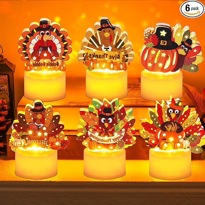 6 PCS Turkey Tea Lights Candles Thanksgiving Table Decorations, LED Flameless Tealight Candles Battery Operated Thanksgiving Decorations Centerpieces Turkey for Table Home Indoor Party Decor Gifts