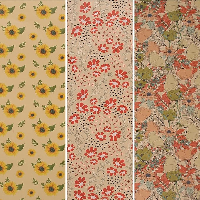 Aimyoo Kraft Floral Wrapping Paper Bundle, Vintage Spring Flowers Rose Gift Wrap Paper for Wedding Bridal Shower Birthday, 3 Rolls 17 in x 16 ft per Roll
