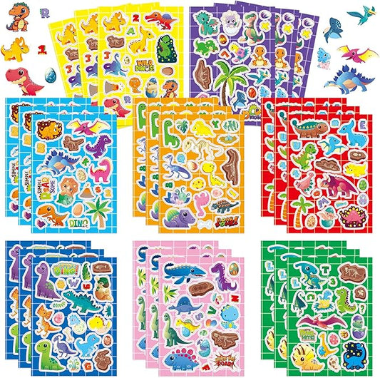 24 Sheets Dinosaur Stickers for Kids, 490Pcs Dino Stickers Bulk Preschool Sticker Sheets for Reward Craft Scrapbooking Water Bottles Gifts Bags Cards Envelopes Dinosaur Party Favors Supplies