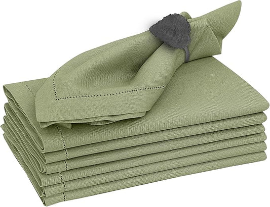 Ruvanti Premium Linen Napkins Set of 4-20x20 Inch, Classic Hemstitch, Mitered Corner Cloth Napkins ‎‎- Soft, Elegant Dinner Napkins Cloth Washable for Weddings, Parties, Everyday Use - Olive