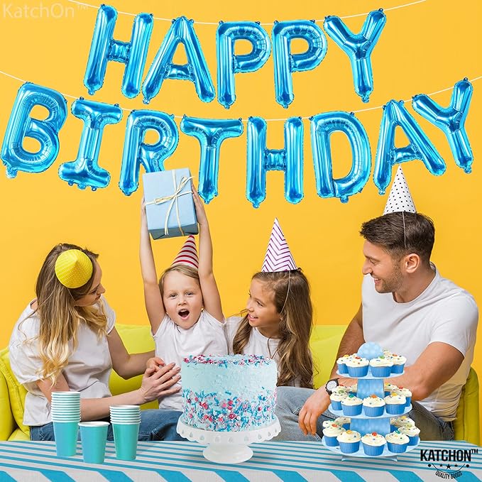 KatchOn, Blue Happy Birthday Balloons - 16 Inch | Blue Happy Birthday Decoration Banner for Birthday Party Decorations | happy birthday Foil Balloons for blue birthday decorations