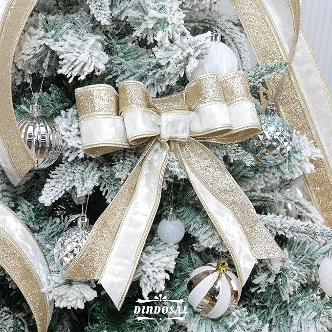 Ivory Velvet Wired Christmas Ribbon 2.5 Inch Ivory and Gold Glitter Holiday Ribbon – 10-Yards Roll for Tree Decorations, Gift Wrapping, Wreaths, and DIY Crafts