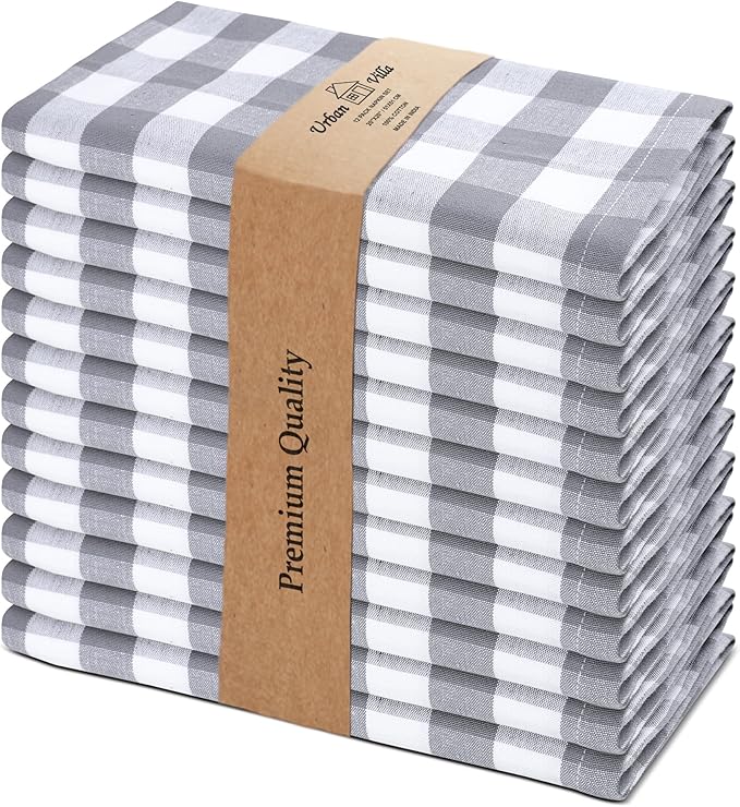 Urban Villa Cotton Dinner Napkins Set of 12, Highly Absorbent Soft Premium Cloth Napkins 20x20 Inches, Hotel Quality Reusable & Washable Table Dinner Napkins for Home - (Grey/White, Buffalo Checkerd)