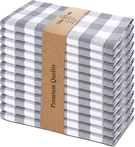 Urban Villa Cotton Dinner Napkins Set of 12, Highly Absorbent Soft Premium Cloth Napkins 20x20 Inches, Hotel Quality Reusable & Washable Table Dinner Napkins for Home - (Grey/White, Buffalo Checkerd)