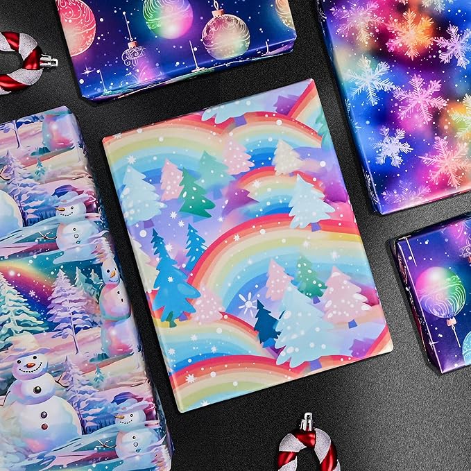 Vnaaem Christmas Wrapping Paper for Boys Girls Kids - Colorful Rainbow Xmas Gift Wrap with Snowman Tree Ball Snowflakes Design for Holiday Winter Paty - 20 x 28Inches Per Sheet(8 Pack)