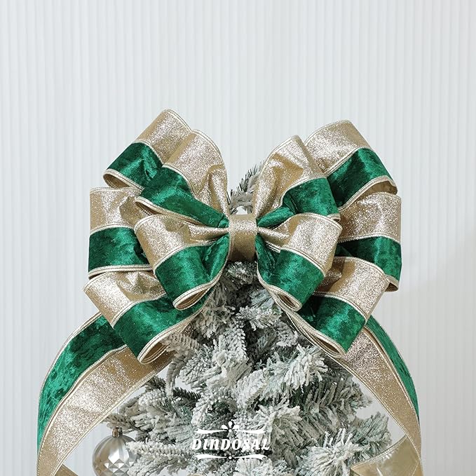 Dark Green Velvet Wired Christmas Ribbon 4 Inch Extra Wide Thick Green and Gold Glitter Holiday Ribbon – 10-Yards Roll for Tree Decorations, Gift Wrapping, Wreaths, and DIY Crafts