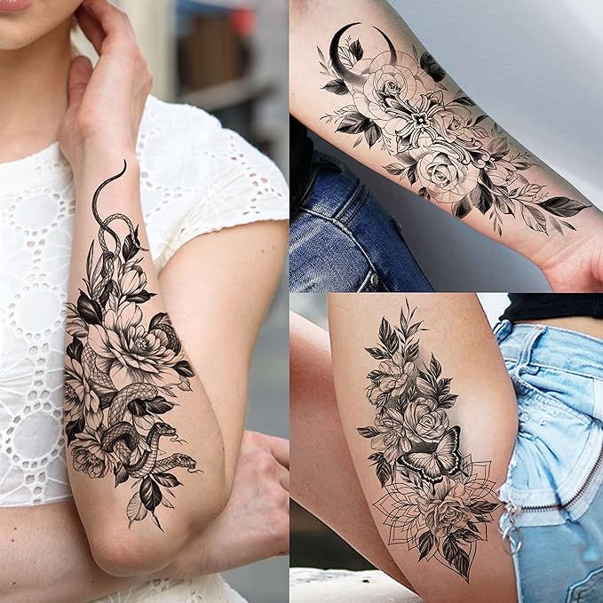 61 Sheets 3D Snake Flower Temporary Tattoos For Women Girls Neck Arm, 12 Sheets Realistic Floral Fake Tattoo Stickers Thigh, Waterproof Temp Transfer Tatoo Adults Rose Sunflower Butterfly