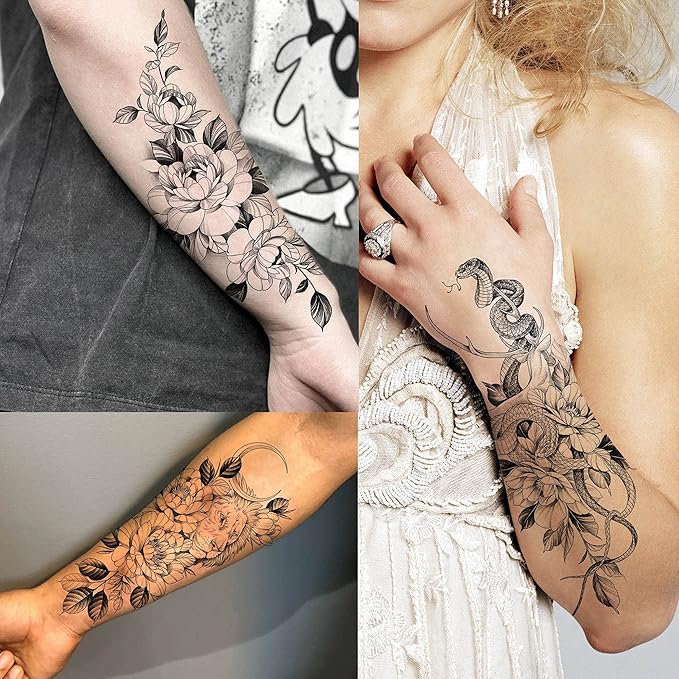 64 Sheets Long Lasting Flower Temporary Fake Tattoos For Women Arm Neck, Jellyfish Sunflower Moon Rose For Adults Girl, 3D Temp Realistic Snake Tatoo Stickers Serpent Peony Floral Kids