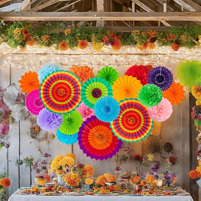 35PCS Fiesta Paper Fan Party Decorations Set - Cinco De Mayo Pom Poms,Pennant,Garland String,Banner,Hanging Swirls Hispanic Heritage Month Decor Supplies,Multicolored