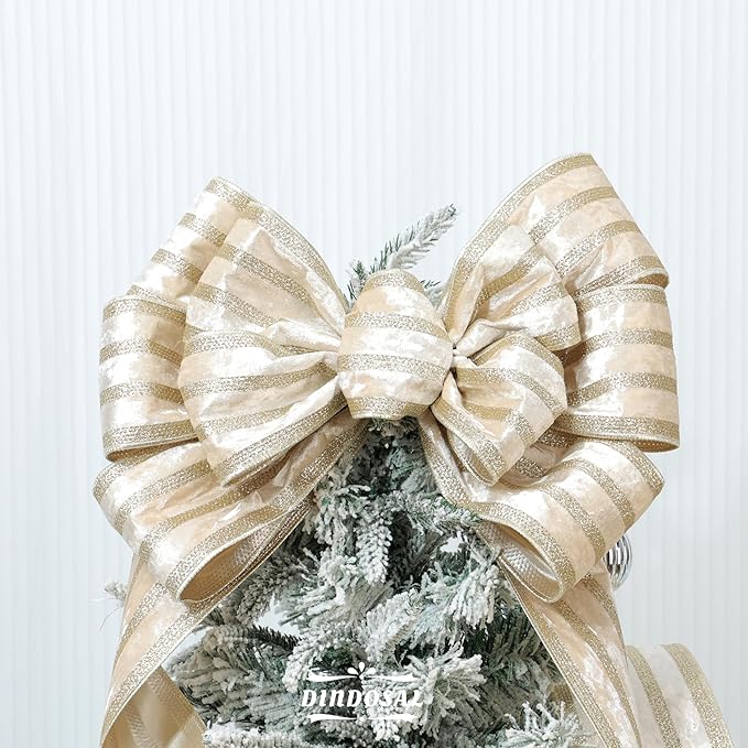 Champagne Velvet Wired Ribbon with Glitter Stripe 4 Inch Extra Wide Crushed Velvet Christmas Ribbon, 10 Yards for Gift Wrapping, Crafts, Tree Decorations, Wreaths, Garlands