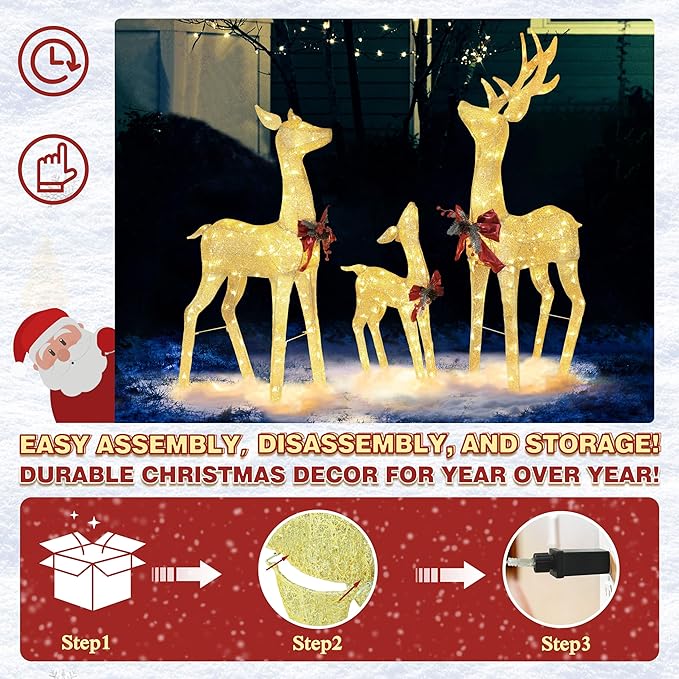 BlueWish Outdoor Christmas Decorations, 3-Piece Golden Christmas Reindeer Decor with Bow Ties, 200 LED Lights, Pre-lit Outdoor Christmas Decor for Garden, Yard, Porch