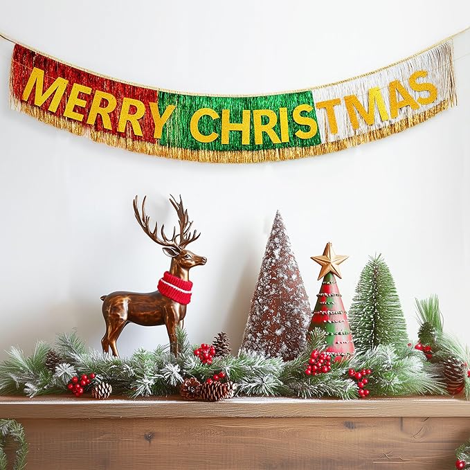 HOUSE OF PARTY Christmas Banner | Merry Christmas Sign with Tinsel Garland Wall Hanging Curtain Backdrop Pre-Strung 6 Feet | Xmas Mantel Decorations Indoor Hanging