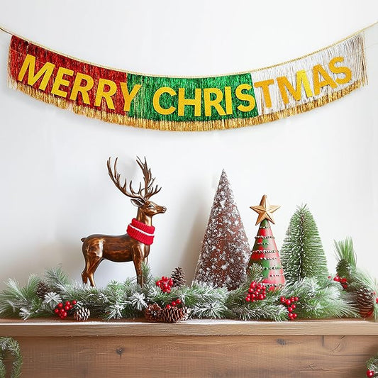 HOUSE OF PARTY Christmas Banner | Merry Christmas Sign with Tinsel Garland Wall Hanging Curtain Backdrop Pre-Strung 6 Feet | Xmas Mantel Decorations Indoor Hanging