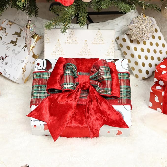 MAYREEL Red Crushed Velvet Wired Ribbon 4 Inch Thick Luxurious Reversible Tartan Christmas Ribbon with Plaid Back for Tree Decorations, Garlands, Wreaths, Gift Wrapping and Holiday Crafts - 10 Yards