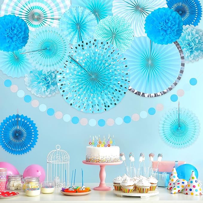Moon Boat 35PCS Party Decorations Paper Fan Hanging Set - Birthday,Baby Shower,Wedding Decor (Blue)