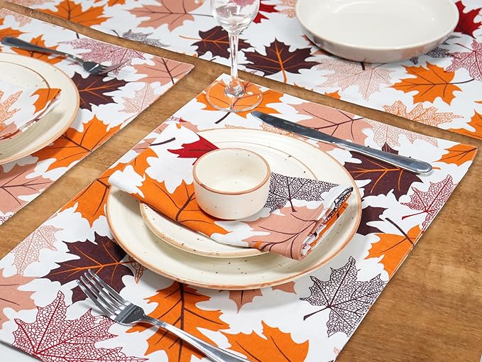 PurpleEssences Fall Harvest Decor Thanksgiving Napkins, 18x18 Fall Cloth Napkins Set of 6, 100% Cotton Autumn Fall Leaves Dinner Napkins for Farmhouse Kitchen, Maple Leaves