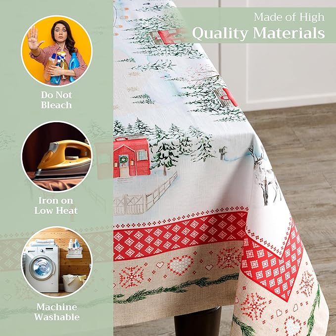 Maison d' Hermine Table Cloth Rectangle Table 100% Cotton 70 x 140 Inches Fall Tablecloth Reusable Everyday Use for Thanksgiving Christmas Decorations Dining Farmhouse Party (Rural Christmas)