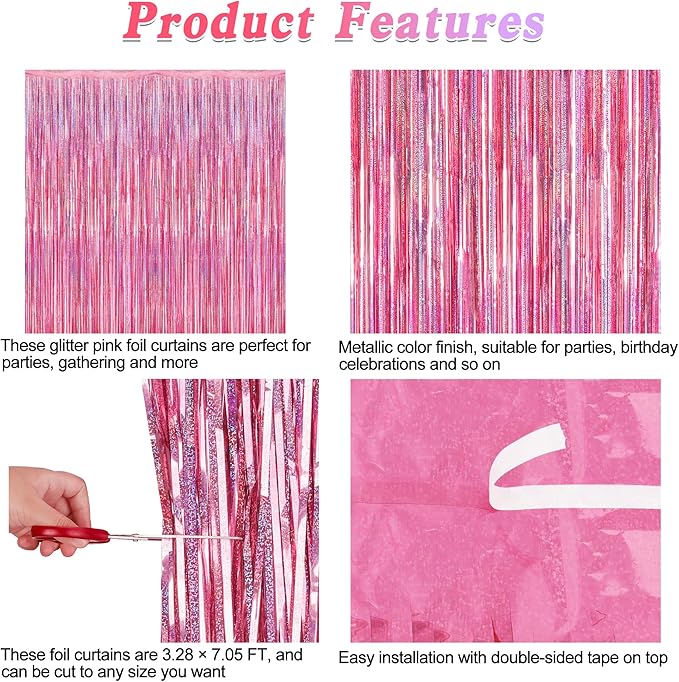 4 Pack Pink Backdrop, 3.28 FT x7.05 FT Foil Fringe Curtains, Metallic Glitter Pink Streamer Fringe Backdrop Foil Curtains, Laser Pink Birthday Party Decorations Bachelorette Decor