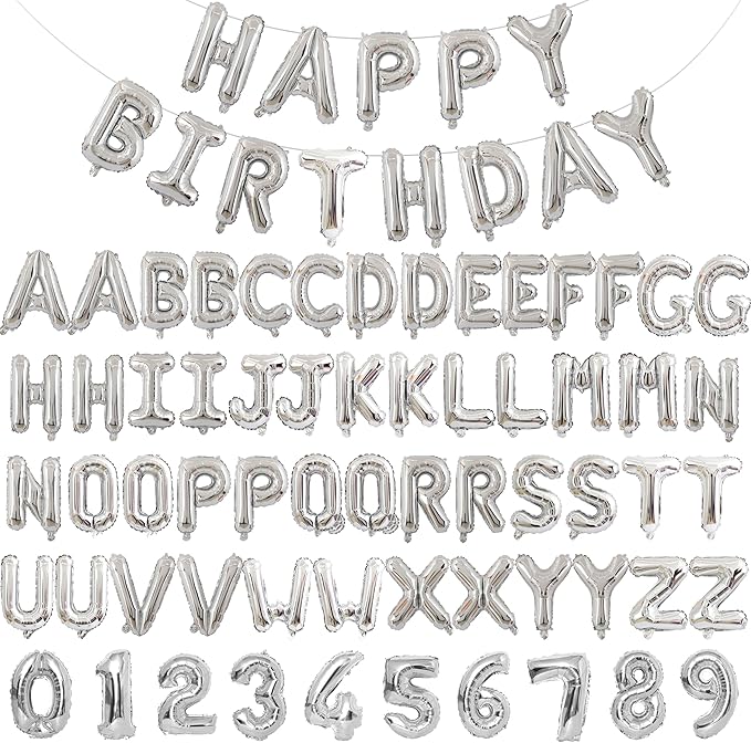 75pcs 16" Happy Birthday Balloon Banner, Silver Balloons Letters, Personalized Mylar Foil Birthday Decorations includes 2 Sets A- Z, 1 set Number 0-9 "HAPPY BIRTHDAY" letters