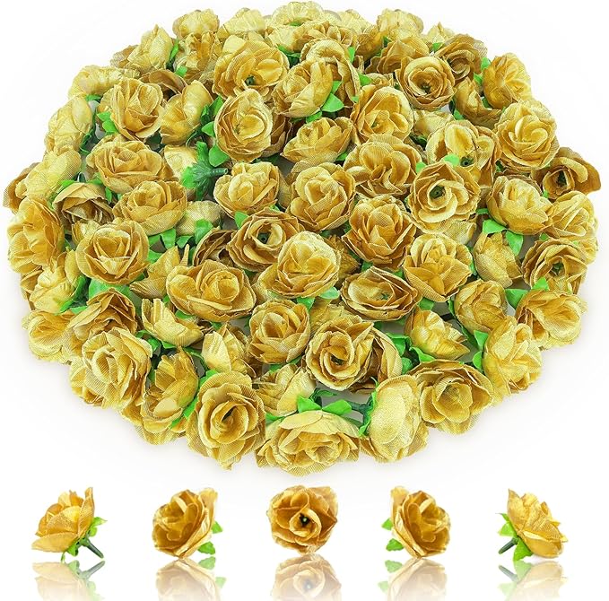 100pcs Gold Roses Heads Bulk Artficial Flowers for Decorations Small Fuax Roses Flowers Bulk DIY for Crafts Wall Wedding Decorations Gold Roses Flowers Set