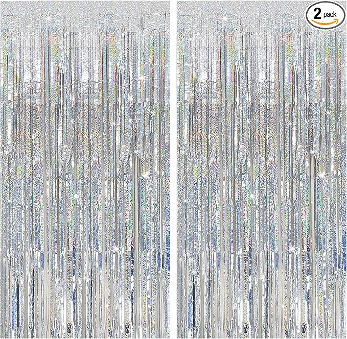 Tinsel Curtain Party Backdrop Silver Birthday Decorations 2 Packs Glitter Foil Fringe Decor Streamers Photo Booth for Christmas Wedding Halloween Graduation Decorations