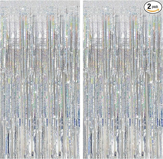 Tinsel Curtain Party Backdrop Silver Birthday Decorations 2 Packs Glitter Foil Fringe Decor Streamers Photo Booth for Christmas Wedding Halloween Graduation Decorations