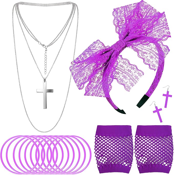 Blulu 80s Accessories for Women Dress Costume Lace Headband Earrings Fishnet Gloves Necklace Bracelet