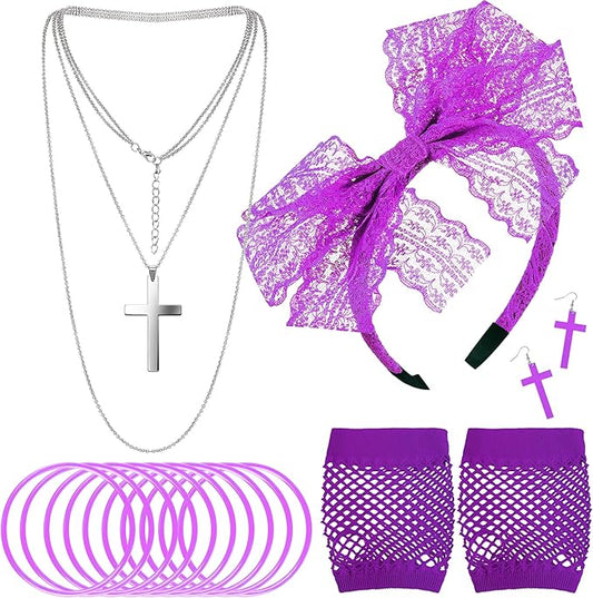 Blulu 80s Accessories for Women Dress Costume Lace Headband Earrings Fishnet Gloves Necklace Bracelet