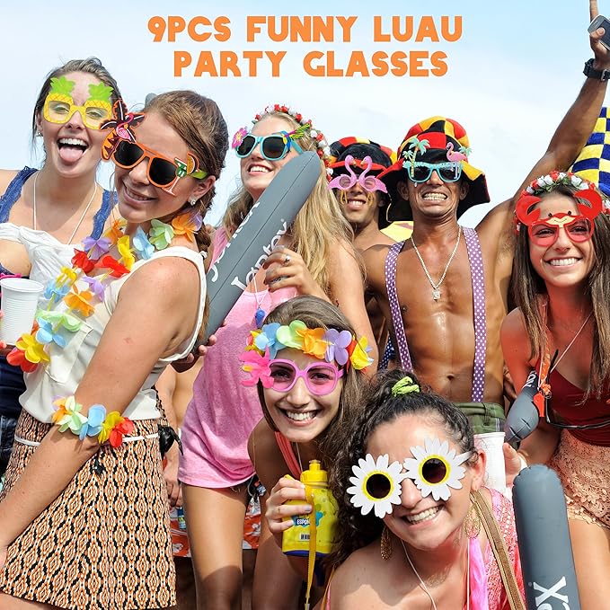 Hawaiian Luau Party Sunglasses 9 Pairs Novelty Party Sunglasses Pool Tropical Beach Themed Party Supplies Decoration Summer Party Favors