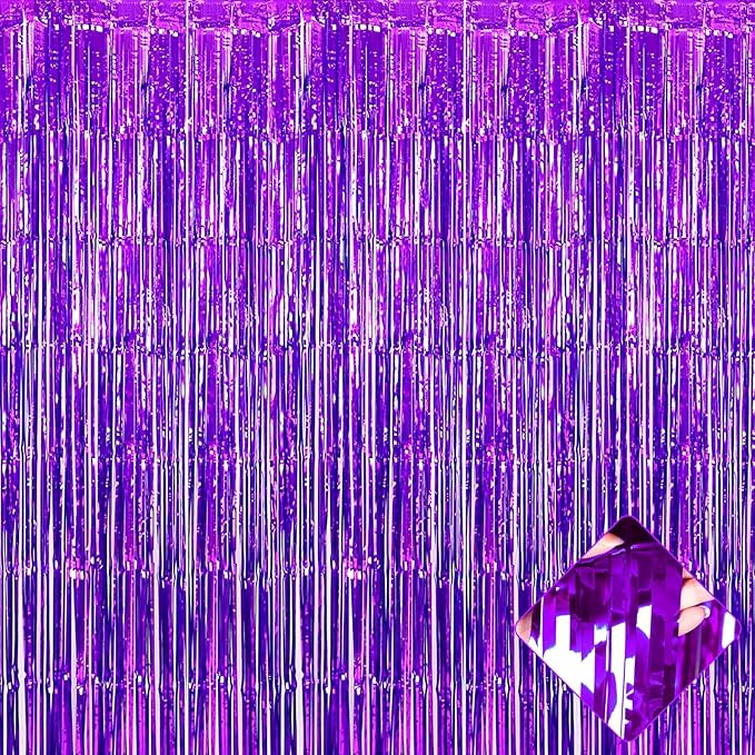 4 Pack Purple Foil Fringe Curtain Backdrop, 3.2Ft x 9.8Ft Metallic Tinsel Foil Fringe Streamers Curtains for Party, Photo Booth Props, Birthday, Wedding, Christmas Party Decoration Supplies