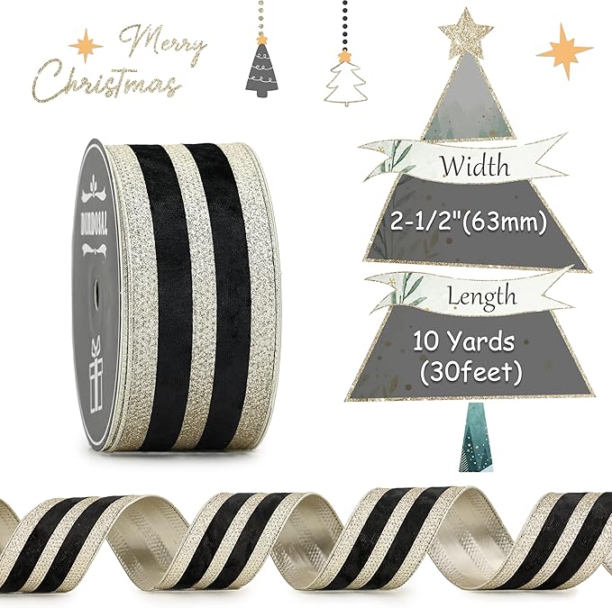 Black Velvet Wired Ribbon with Champagne Glitter Stripe 2.5 Inch Crushed Velvet Christmas Ribbon, 10 Yards for Gift Wrapping, Crafts, Christmas Tree Decorations, Wreath Supplies, Garlands