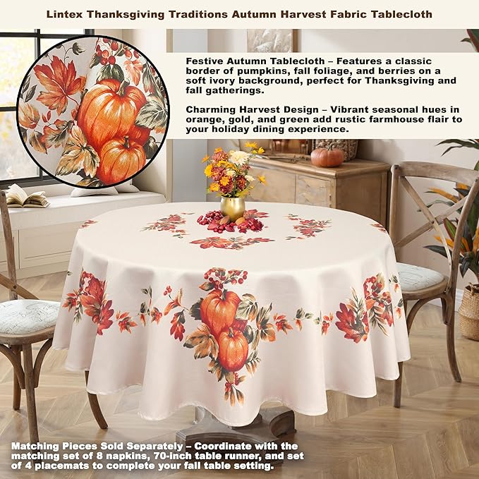 Lintex Thanksgiving Traditions Autumn Harvest Fabric Napkins, Set of 8, Pumpkin Patch and Fall Leaves Border, Easy Care Thanksgiving Fabric Napkin Set