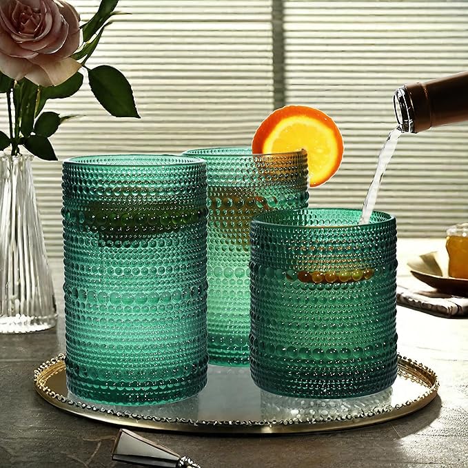 Vintage Hobnail Driinking Glasses Set, Glassware Drinking Set of 8, 12 oz Highball Glasses & 10 oz Cocktail Glasses, Tumbler Glasses for Cocktails, Whiskey, Juice, Milk
