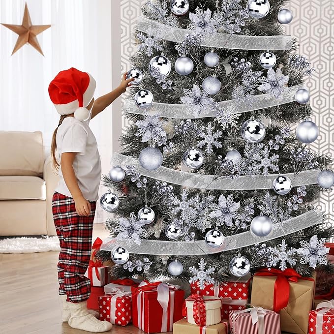 Sratte 94 Pcs Christmas Tree Decorations Set, Christmas Tree Ball Ornaments Glitter Poinsettia Flowers Decorations Glitter Berries Stems for Xmas Holiday Wedding(Silver)