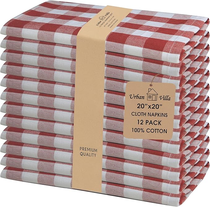 Urban Villa Cloth Napkins Rust Checks Dinner Napkins Set of 12 20X20 100% Cotton Absorbent Washable Durable Reusable Cloth Napkins Ideal for Farmhouse Party Thanksgiving Harvest Fall Dinner Napkins