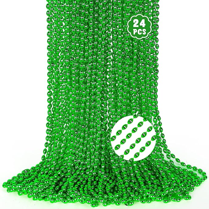 24PCS Oval Green Necklace, St Patricks Day Beaded Necklace Metallic Bead Green Accessories, Mardi Gras Beads Costume for Parade Throw Accessories Wedding Birthday St. Patricks Christmas Decorations