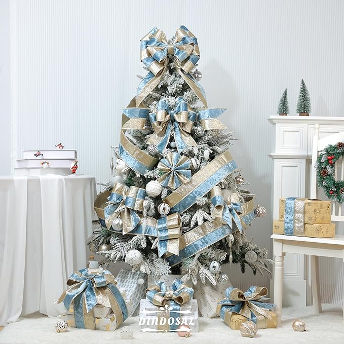 Dusty Blue Velvet Wired Christmas Ribbon 4 Inch Extra Wide Thick Blue and Gold Glitter Holiday Ribbon – 10-Yards Roll for Tree Decorations, Gift Wrapping, Wreaths, and DIY Crafts