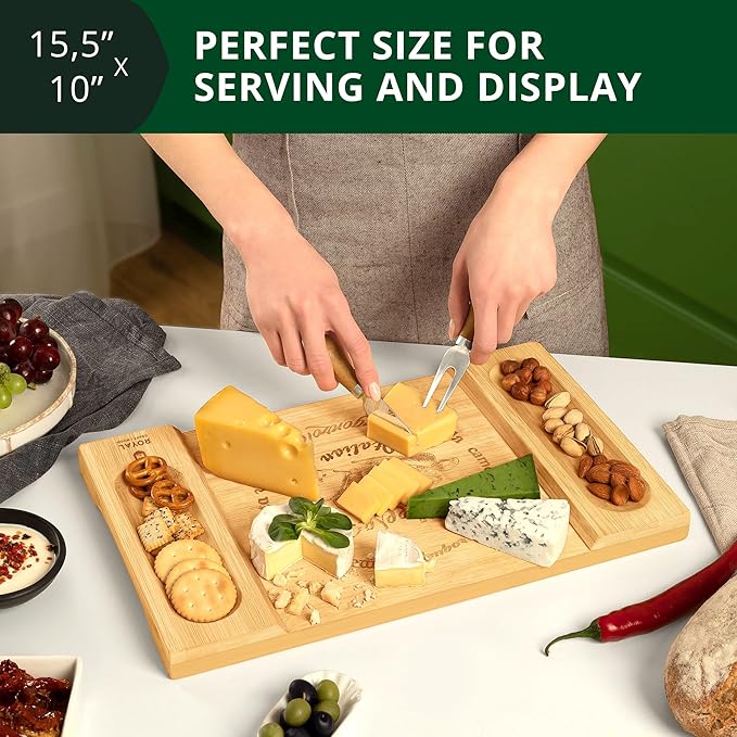 ROYAL CRAFT WOOD Charcuterie and Cheese Board - Large Bamboo Cheese Board - Serving Tray Platter - House Warming Gifts New Home, Gifts for Dad Fathers Day Dad Gifts from Daughter Son Wife - 15.5"x10"
