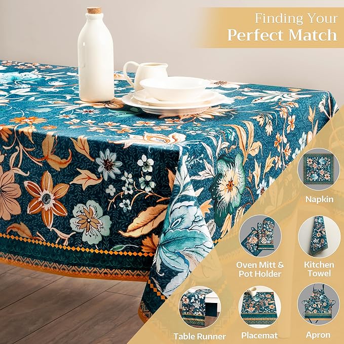 Maison d' Hermine Table Cloth Rectangle Table 100% Cotton 54 x 72 Inches Fall Tablecloth Reusable Everyday Use for Thanksgiving Christmas Decorations Dining Farmhouse Party (Luxury Loft - Dark Teal)