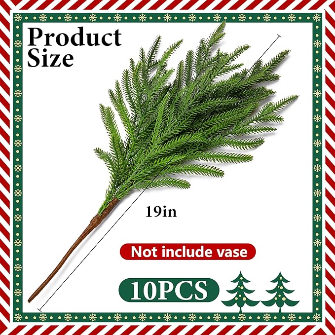 10 Pcs Christmas Norfolk Pine Branches, 19" Extra Length Artificial Xmas Branches Plants Pine Needles, Fake Greenery Norfolk Pines Stems Sprigs for DIY Craft Garland Home Garden Decor