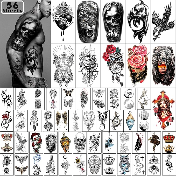 Yazhiji 56 Sheets Temporary Tattoos Stickers 11 Sheets Half Arm Shoulder Tattoos for Men or Women with 45 Sheets Tiny Fake Tattoo