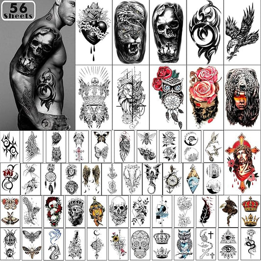 Yazhiji 56 Sheets Temporary Tattoos Stickers 11 Sheets Half Arm Shoulder Tattoos for Men or Women with 45 Sheets Tiny Fake Tattoo
