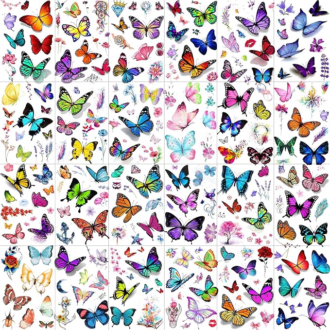24 Sheets 155+ PCS 3D Colorful Butterfly Temporary Tattoos For Women Arm Boobs, Watercolor Butterfly Tattoos Stickers, Long Lasting Small Fake Tattoos For Kids Girls Adult Neck Cholo Lavender